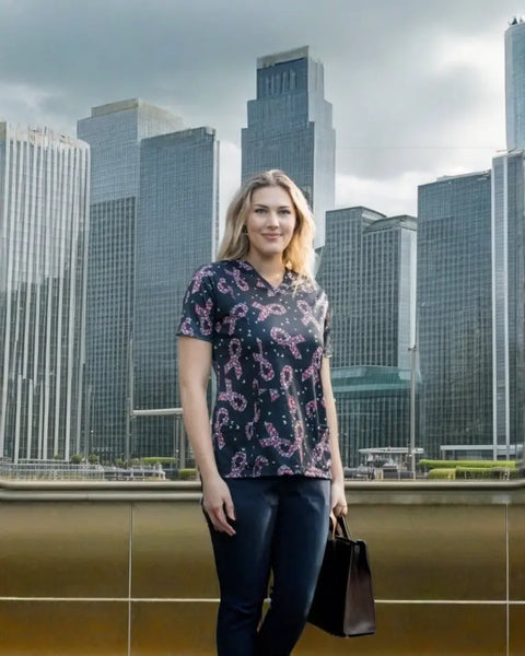 Softies Women's Pink Ribbons Slim Fit Fun Scrub Top PROT01 - Allsorts Workwear