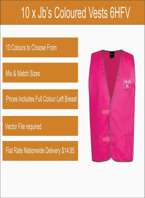 10 x Jb’s Printed Coloured Vests 6HFV Printed Packs