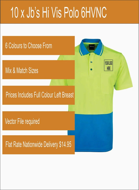 10 x Jb’s Printed Hi Vis Polo 6HVNC Printed Packs