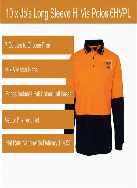 10 x Jb’s Printed Long Sleeve Hi Vis Polos 6HVPL Printed Packs