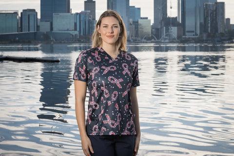 Softies Women's Pink Ribbons Slim Fit Fun Scrub Top PROT01 - Allsorts Workwear