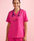 BizCare Women's V-Neck Pink Scrub Top CST245LS - Allsorts Workwear