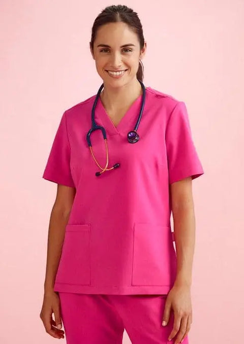 BizCare Women's V-Neck Pink Scrub Top CST245LS - Allsorts Workwear