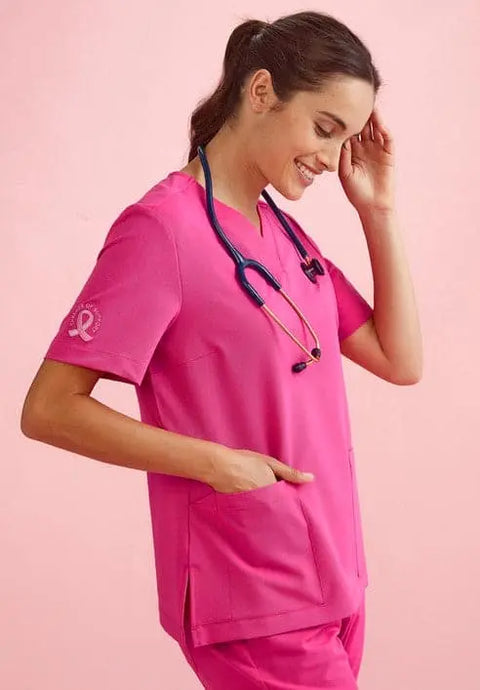 BizCare Women's V-Neck Pink Scrub Top CST245LS - Allsorts Workwear