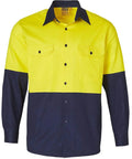 Cotton Drill Safety Shirt SW54 Work Wear Australian Industrial Wear S Fluoro Yellow/Navy 