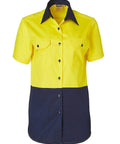 Women's Short Sleeve Safety Shirt SW63 Work Wear Australian Industrial Wear 8 Fluoro Yellow/Navy 