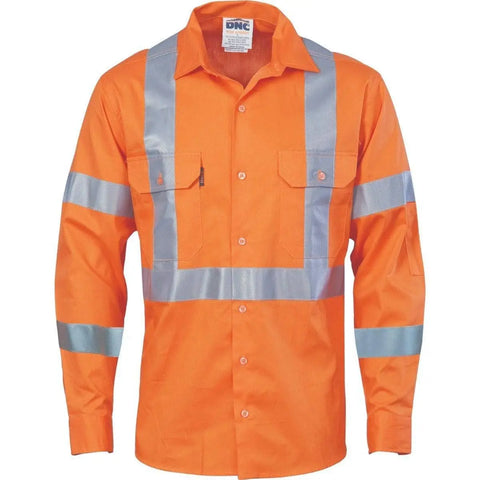 DNC Workwear Work Wear DNC WORKWEAR Hi-Vis Cool-Breeze Long Sleeve Cotton Shirt with Double Hoop on Arms & 'X' Back CSR R/Tape 3789