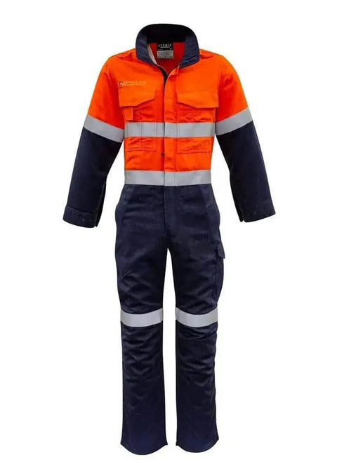 SYZMIK men's orange flame hrc-2 hoop taped spliced overall ZC525 Metro Workwear.