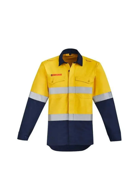 SYZMIK orange flame hrc-2 hoop taped open front spliced shirt ZW140 Metro Workwear.